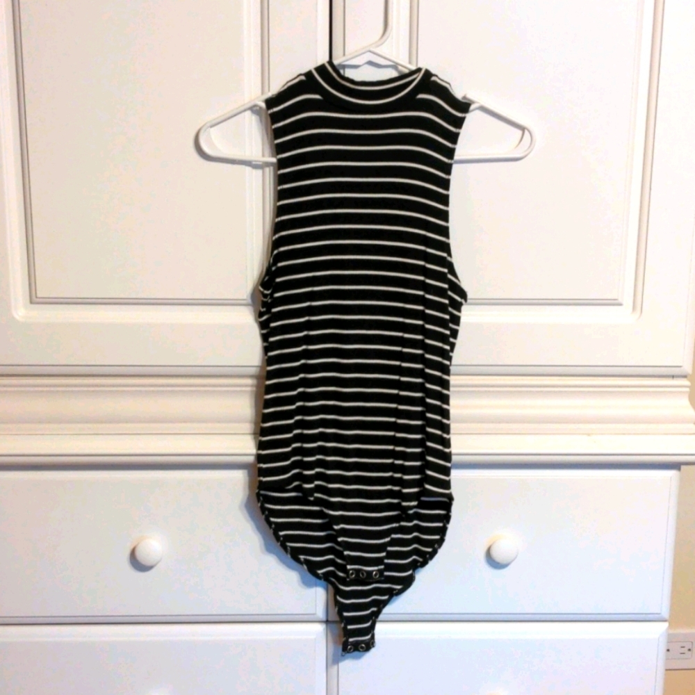 Black Striped Mock Neck Bodysuit